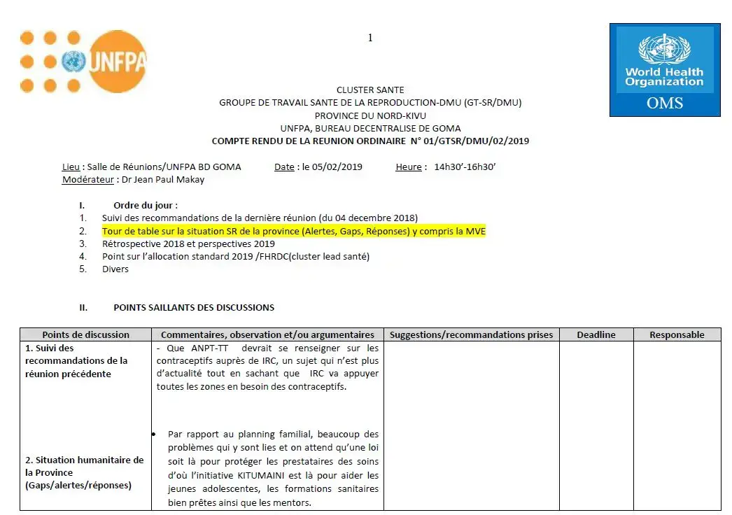 Comptes rendus du groupe de travail Santé de reproduction à Goma