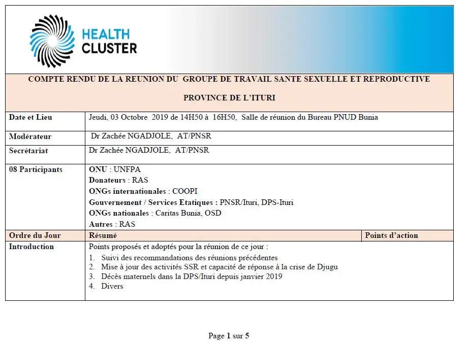 Comptes rendus du groupe de travail Santé de reproduction Ituri